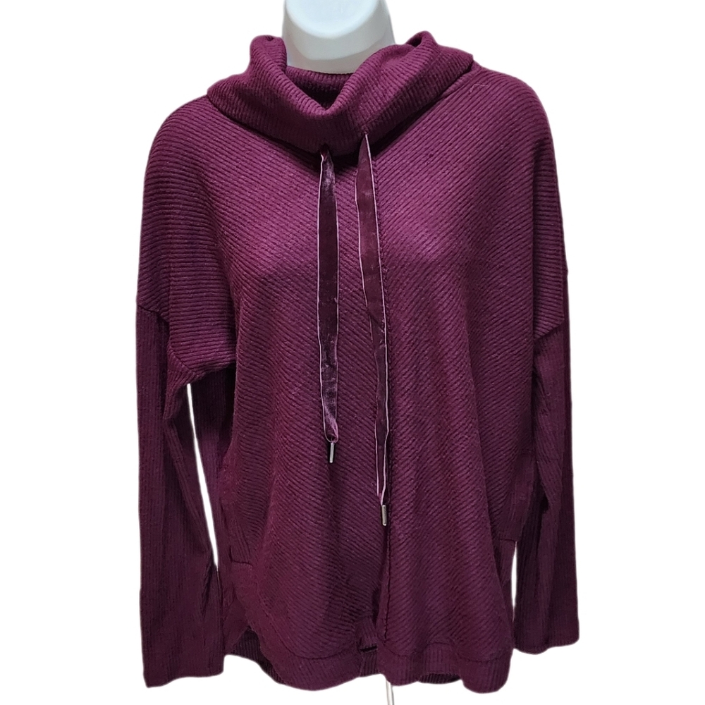 Democracy Long Sleeve Cowl Neck Knit Tunic Sweater Top Velvet Ribbon Ties Red S